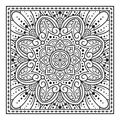 Outline square flower pattern in mehndi style for coloring book page. Antistress for adults and children. Doodle ornament in black and white. Hand draw vector illustration.