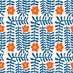 Matisse style botanical pattern with abstract fern leaves and flowers in red and blue. Simple cute out shapes print background.