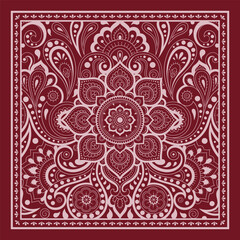 Circular pattern in form of mandala with flower for Henna, Mehndi, decoration. Red decorative ornament in ethnic oriental style for a bandana. Outline doodle hand draw vector illustration.