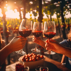 Young people having a glass of wine in a vineyard at sunset