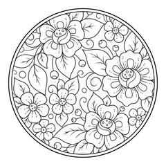 Outline round flower pattern in mehndi style for coloring book page. Antistress for adults and children. Doodle ornament in black and white. Hand draw vector illustration.