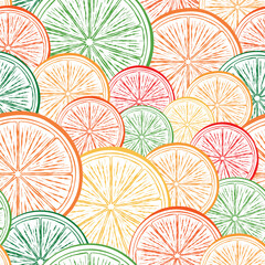 Fototapeta na wymiar Abstract citrus fruits in green, orange, and yellow on a white background. Overlapping multicolored circles. Modern background design with slices of lemon, orange, and lime. Seamless vector pattern. 