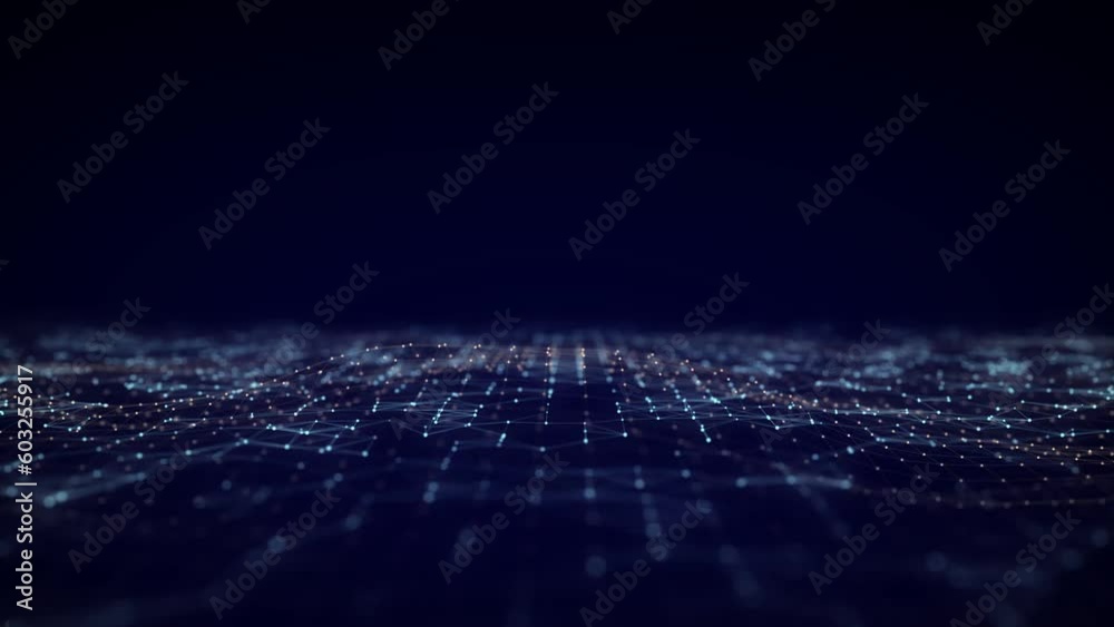 Poster Futuristic perspective grid in digital cyberspace. Flow of wavy binary code. Network connection structure. 3D rendering.	