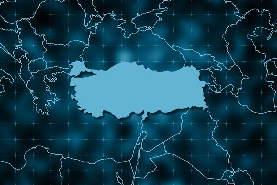 T&uuml;rkiye country border outline and surrounded by other countries. Turkey border silhouette. Dark abstract background