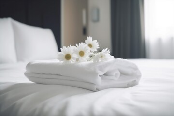 Fototapeta na wymiar bed modern welcome bath towel comfortable flower bedchamber spa window. Generative AI.