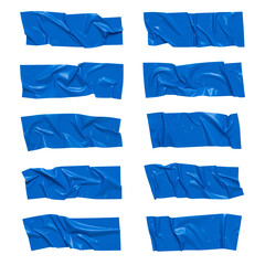 Blue wrinkled adhesive tape isolated on white background. Blue Sticky scotch tape of different sizes.