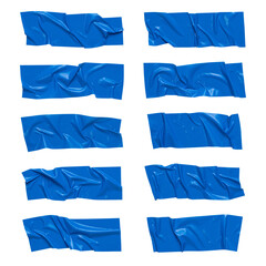 Blue wrinkled adhesive tape isolated on white background. Blue Sticky scotch tape of different sizes.