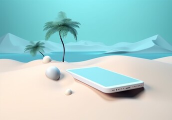 concept palm up holiday sea creative phone cyber sand summer mock. Generative AI.