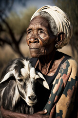 old native african woman holding goat in her arms, created by artificial intelligence 