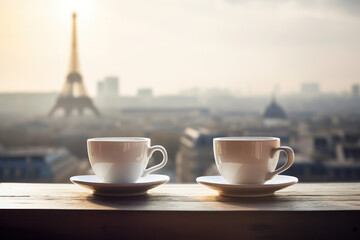 two coffee cups on table against Paris city skyline Eifel tower roof top panorama view concept of  visiting Paris France tourism vacation. generative ai