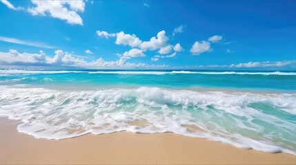 Beautiful background for summer vacation and travel. Golden sand of tropical beach, blue sky and blurred glare of sun on waves of surf. Generative AI