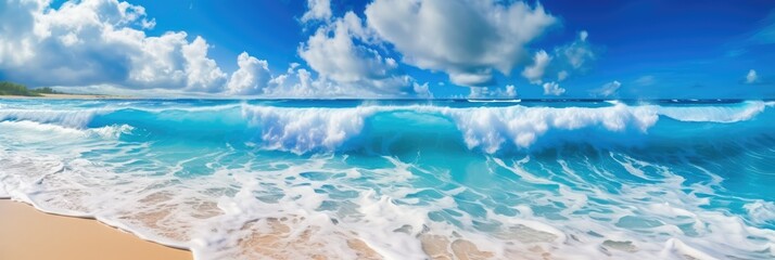 Beautiful background for summer vacation and travel. Golden sand of tropical beach, blue sky and blurred glare of sun on waves of surf. Generative AI