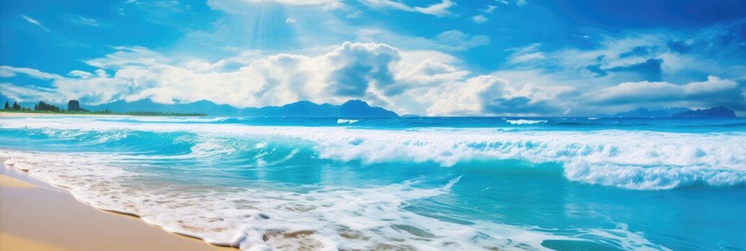 Beautiful background for summer vacation and travel. Golden sand of tropical beach, blue sky and blurred glare of sun on waves of surf. Generative AI © Viktor