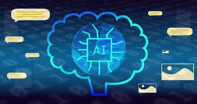 Animation of ai text and icon over binary coding data processing