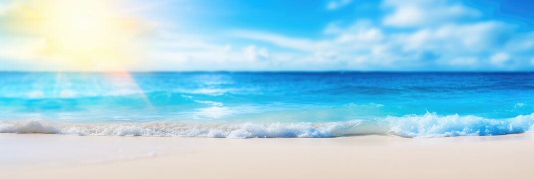 Natural blurred defocused background for concept summer vacation. Nature of tropical summer beach with rays of sunlight. Light sand beach, ocean water sparkles against blue sky. Generative AI