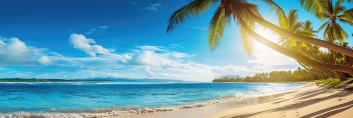 Beautiful background for summer vacation and travel. Golden sand of tropical beach, blue sky and blurred glare of sun on waves of surf. Generative AI