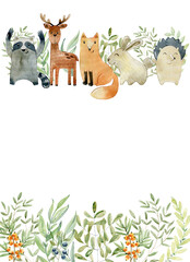 Baby shower card. Watercolor woodland frame with animals.