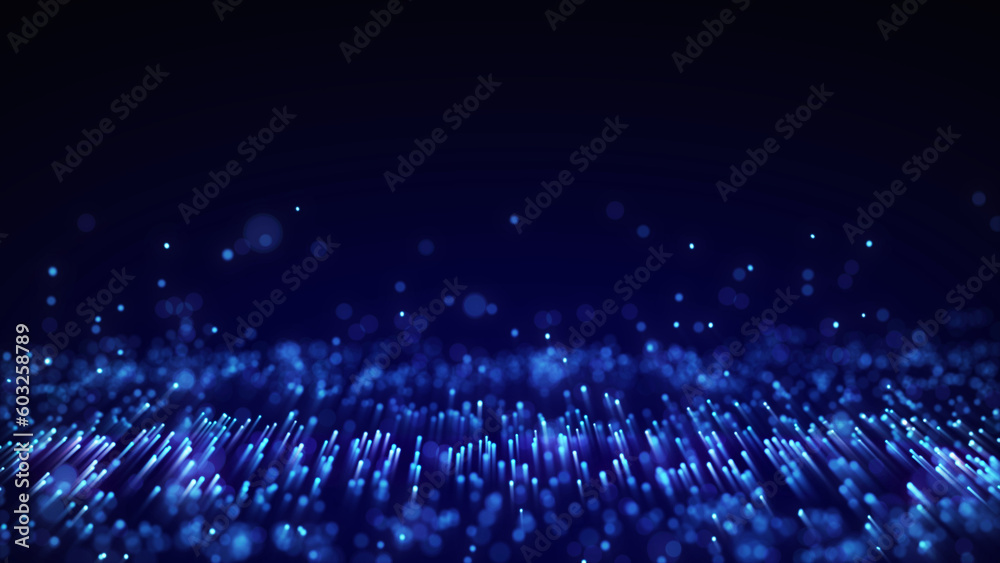 Poster Dynamic blue particle wave. Futuristic point wave. Flow digital structure. Data technology background. 3D rendering.