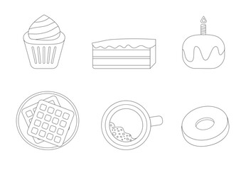 Vector linear icons, muffin, cake, donut, waffles, coffee, candle
