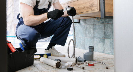 Plumber man fix repair service wraps fluoroplastic sealing material tape around faucet hose....