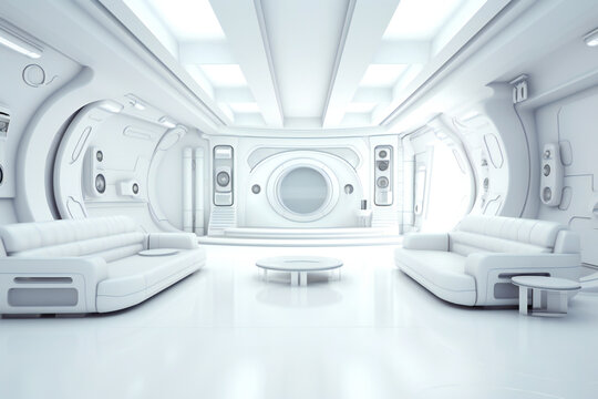 Smooth clean white futuristic interior, science fiction lab or space ship. Created with Generative AI technology.