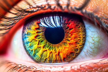Extreme close up of a highly detailed rainbow colored eye. Created with Generative AI technology.