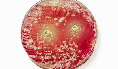 Petri dish with bacterial colonies and antibiotic samples