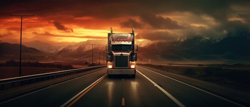 Big truck driving at night, delivery concept. Generative AI
