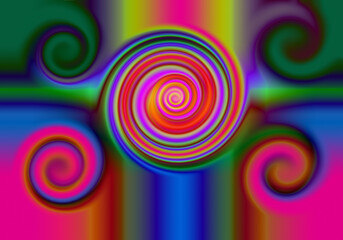 Fototapeta na wymiar Pintura abstracta con 5 espirales en rojo, amarillo, naranja, verde violeta, morado y azul y una cruz. LGTBI