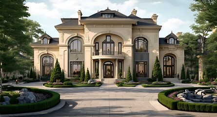 Illustration of a modern mansion with a grand fountain at the entrance created with Generative AI technology - obrazy, fototapety, plakaty