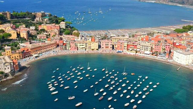 Aerial sea and beach view Sestri Levante, Liguria, Italy. Sunny summer