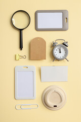 Mockup flat lay with different office accessories on beige background