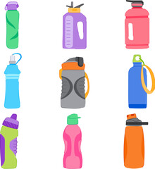 sport drinking bottle set cartoon. water drink, fitness container, health plastic, blank healthy sport drinking bottle sign. isolated symbol vector illustration
