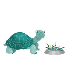 Green cute tortoise with food bowl. Vector cartoon illustration. 
