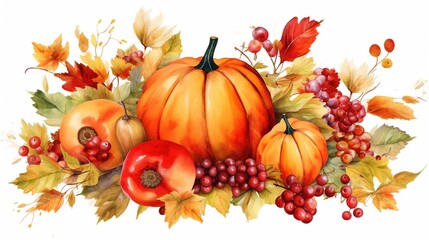 Naklejka na ściany i meble Thanksgiving background, pumpkins, red berries and dry leaves on a dark wooden background, colorful cartoon of turkey bird for Happy Thanksgiving celebration
