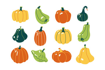 Set of colorful pumpkins. Vector hand drawn illustrations. 