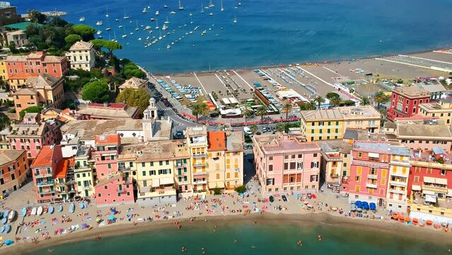 Aerial sea and beach view Sestri Levante, Liguria, Italy. Sunny summer