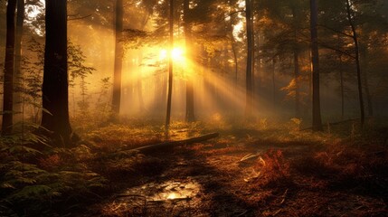 Awe-inspiring beauty of a misty forest at sunrise, where nature's magic unfolds. As the sun gently rises, its golden rays penetrate the dense foliage, illuminating the enchanting scene. Generative AI