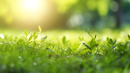 Spring/Summer Background with Grass and Leaf Frame in Morning Sunlight - Defocused Meadow Scene with Copy Space