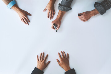 Mockup, writing and business analyst team planning company growth strategy together as teamwork or...