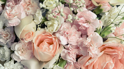 Pastel colors flowers with pink rose and carnation, flowers patterns blooming for wallpaper or wedding card background