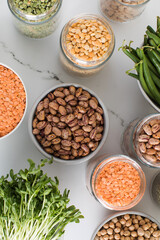 Vegan source of protein. The concept of a plant-based diet, vegetarianism. View from above. 