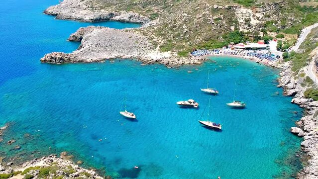 Aerial view and beach in Ladiko bay, Rhodes island, Greece, Europe