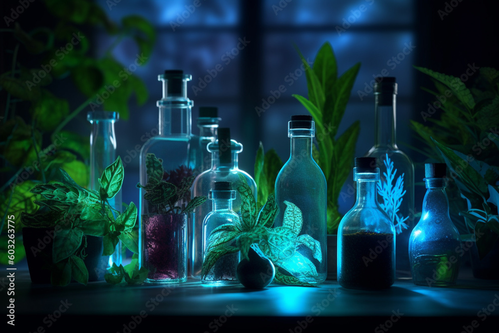 Wall mural science with samples of plants and bottles with generative ai