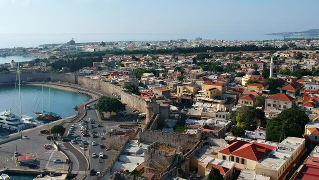 Summer aerial view of city port and fort Rhodes island, Greece, Europe