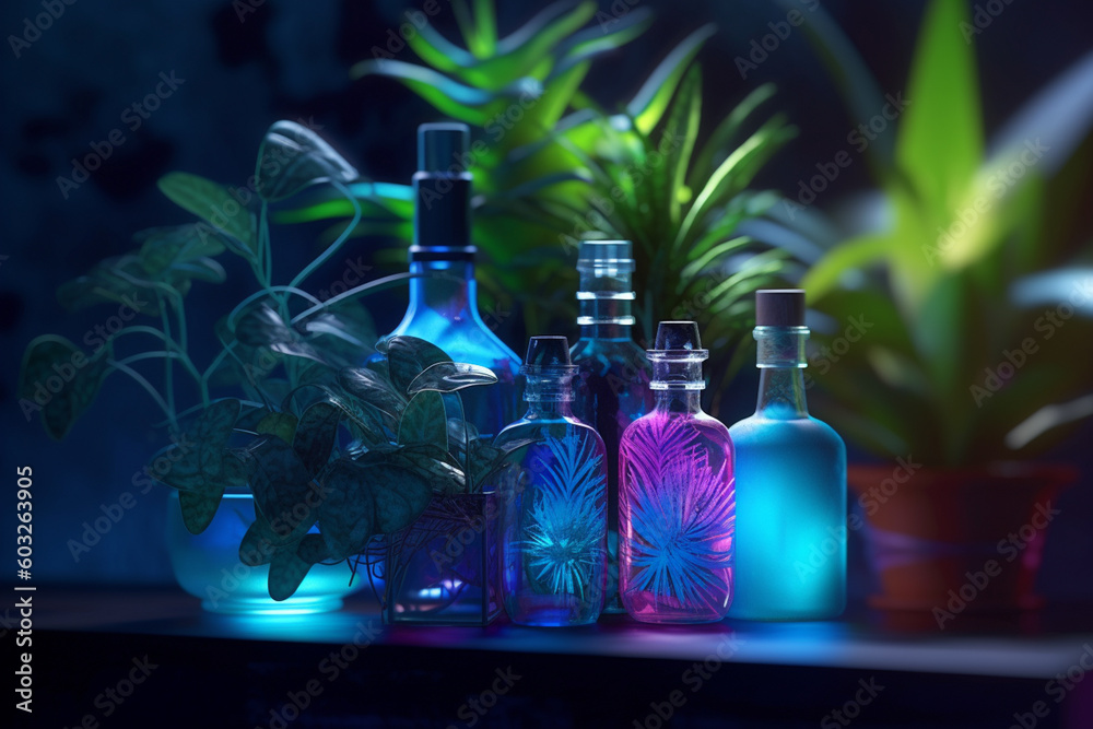 Wall mural science with samples of plants and bottles with generative ai
