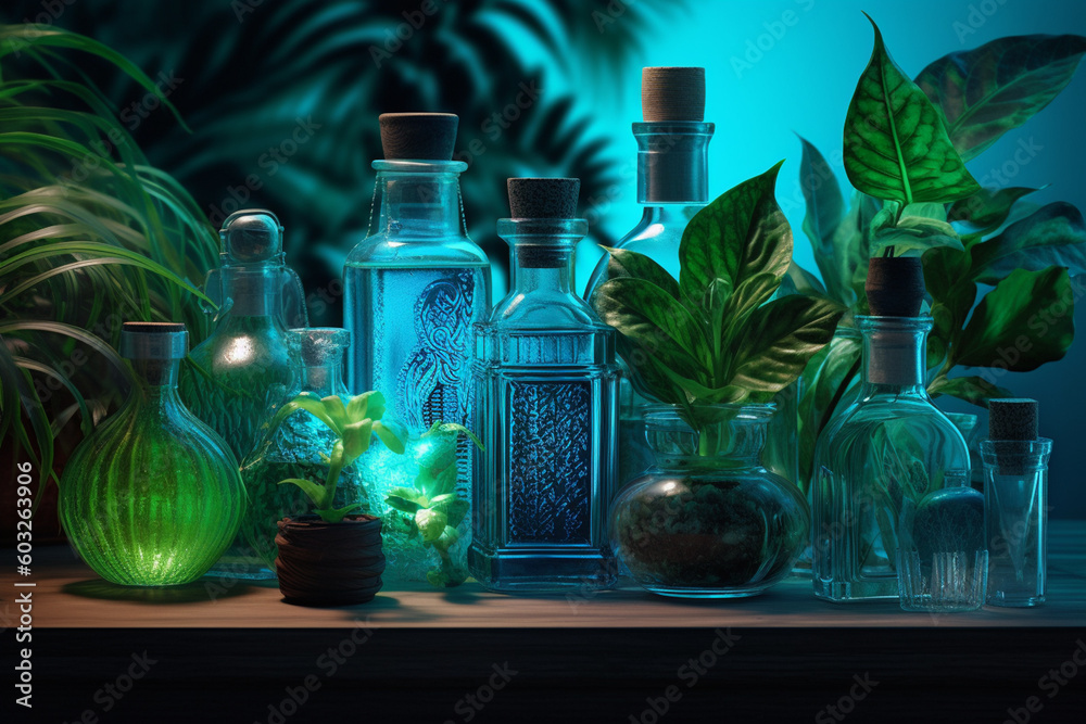 Wall mural science with samples of plants and bottles with generative ai