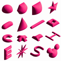 Geometric Shapes set. Modern 3d hologram pink object, neon gradient design. Vector concept.