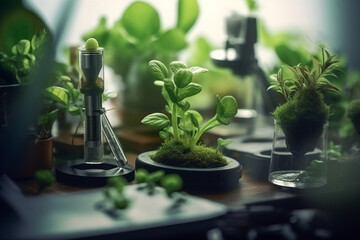 green plants on a table next to microscope in a lab with Generative AI
