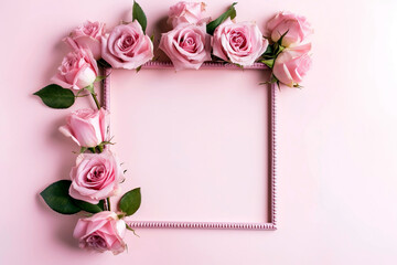 Pink rose flowers arranged to frame on a pastel pink background. Copy Space.
